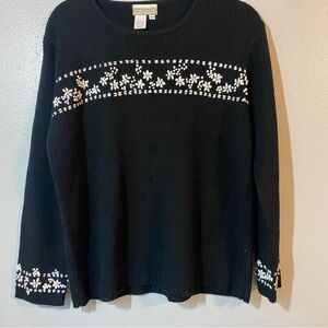 Coldwater Creek Black sweater with a white flower details Size M